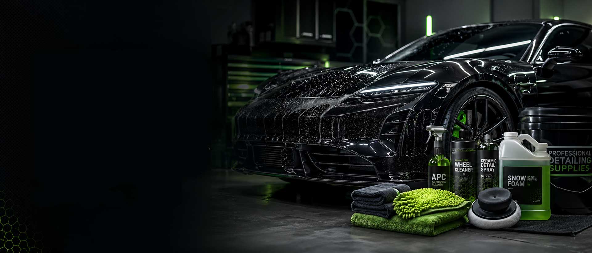 black car being detailed with car care products in front of it